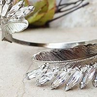 Bridal Crystal Cuff. Silver Cuff Bracelet. Rebeka Bracelet. Bridesmaids Bracelet. Leaves Bracelet. Feather Cuff. Bridal Wedding Bracelet