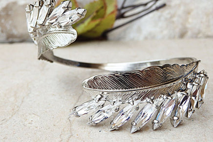 Bridal Crystal Cuff. Silver Cuff Bracelet. Rebeka Bracelet. Bridesmaids Bracelet. Leaves Bracelet. Feather Cuff. Bridal Wedding Bracelet