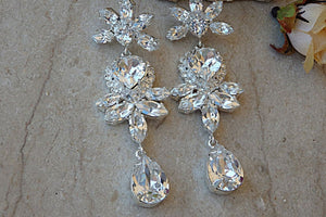 Bridal Long Earrings. Clear Rebeka Earrings. Sparkle Earrings. Chandelier Earrings. Heart Earrings. Rhinestone Earrings.wedding Statement