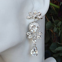 Bridal Long Earrings. Clear Rebeka Earrings. Sparkle Earrings. Chandelier Earrings. Heart Earrings. Rhinestone Earrings.wedding Statement