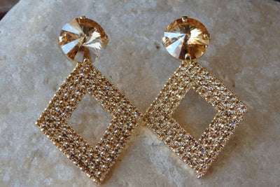 Bridal Rhombus Stud Earrings. Champagne Rebeka Clip On Post Earrings. Gold Crystal Earrings. Bridesmaid Earrings Gift. Geometric Earrings