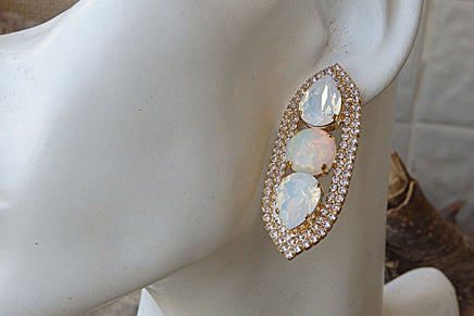 Bridal White Earrings. Rebeka & Opal Cluster Earrings. White Gemstone Earrings. Large Gold Earrings. White Opal Cocktail Stud Earrings