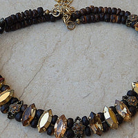 Brown Statement Necklace. Real Rebeka Jewelry. Tan Earthy Wooden Beaded Crystal Choker