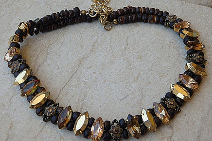 Brown Statement Necklace. Real Rebeka Jewelry. Tan Earthy Wooden Beaded Crystal Choker