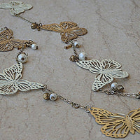 Butterfly Necklace. Pearl And Enamel Necklace. White Pearl Necklace. Long Butterfly Necklace. Gold Animal Jewelry. Butterfly Long Necklace
