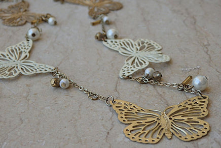 Butterfly Necklace. Pearl And Enamel Necklace. White Pearl Necklace. Long Butterfly Necklace. Gold Animal Jewelry. Butterfly Long Necklace