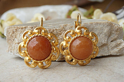 Carnelian Earrings. Gemstone Earrings. Orange Gold Earrings. Holiday Earrings. Gold Drop Earrings.natural Earrings.flower Leverback Earrings