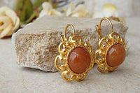 Carnelian Earrings. Gemstone Earrings. Orange Gold Earrings. Holiday Earrings. Gold Drop Earrings.natural Earrings.flower Leverback Earrings