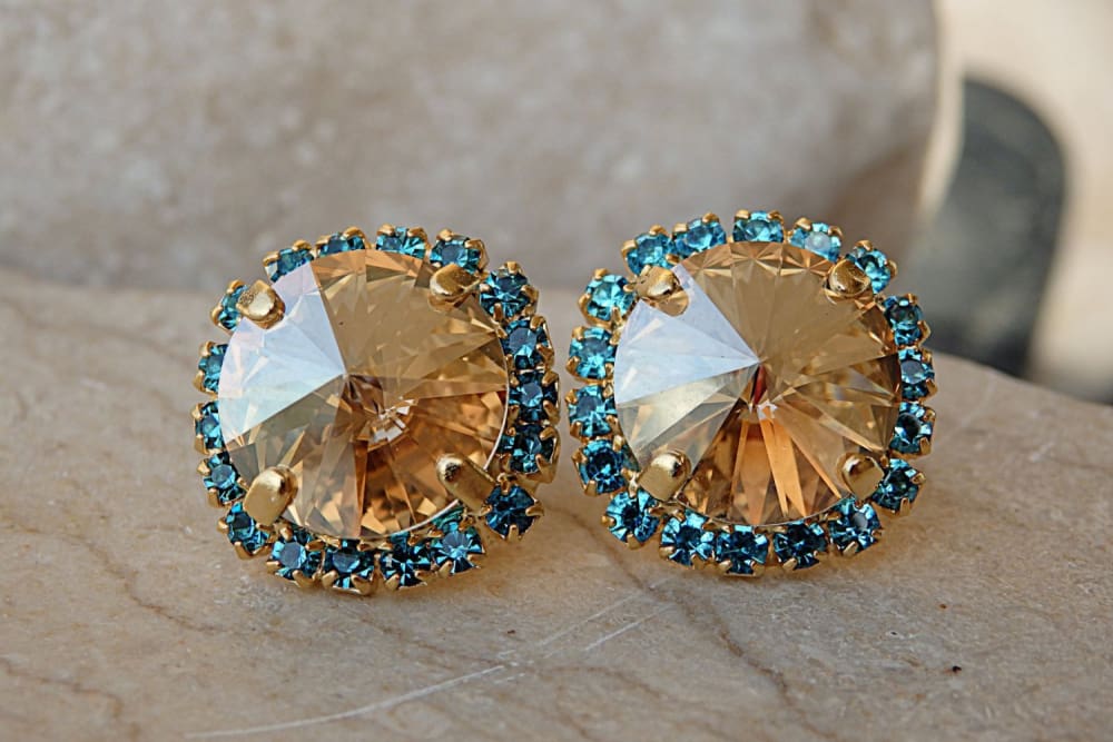 Champagne And Blue Stud Earrings