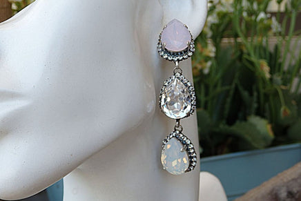 Chandeliers Earrings. Bridal Opal Earrings. Soft Color Jewelry. Pink White Opal Earrings. Bride Crystal Long Earrings. Statement Earrings.