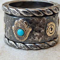 Charm Spinner Band Ring. Oxid Silver & 9K Gold Ring. Mixed Metal Fidget Ring. Wide Chunky Charm Ring. Hamsa Flower Pigeon Turquoise Band