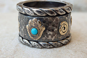 Charm Spinner Band Ring. Oxid Silver & 9K Gold Ring. Mixed Metal Fidget Ring. Wide Chunky Charm Ring. Hamsa Flower Pigeon Turquoise Band