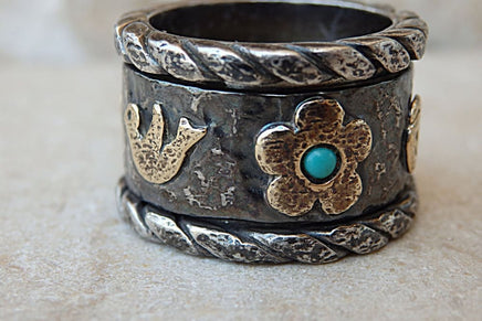 Charm Spinner Band Ring. Oxid Silver & 9K Gold Ring. Mixed Metal Fidget Ring. Wide Chunky Charm Ring. Hamsa Flower Pigeon Turquoise Band