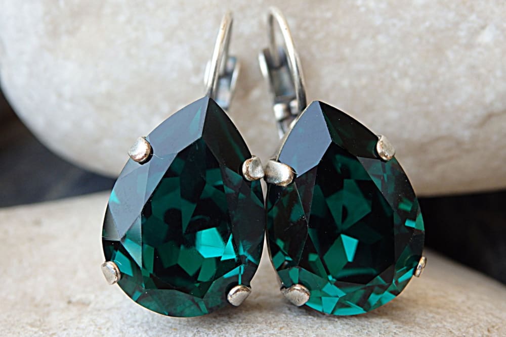 Classic jewelry. Emerald green crystal earrings. Dark green silver leverback earrings. online Green jewelry. Wedding drop earrings. For wife.