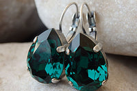 Classic Jewelry. Emerald Green Crystal Earrings. Dark Green Silver Leverback Earrings. Green Jewelry. Wedding Drop Earrings. For Wife.