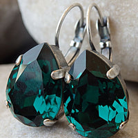 Classic Jewelry. Emerald Green Crystal Earrings. Dark Green Silver Leverback Earrings. Green Jewelry. Wedding Drop Earrings. For Wife.