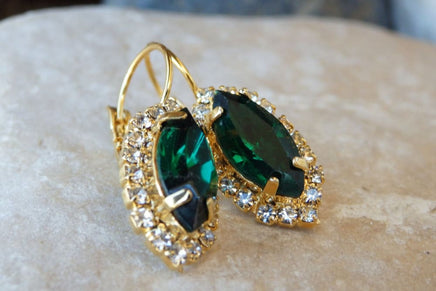 Clear Emerald Drop Earrings. Halo Emerald Green Earrings. Bridal Emerald Earrings. Oval Crystal Earrings. Green Crystal Rhinestone Earrings