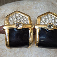 Clip Black And Gold Enamel Earrings. Non Pierced Stud Earrings. Clip On Clear Rebeka Earrings. Black And Clear Cocktail Stud Earrings.