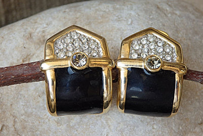 Clip Black And Gold Enamel Earrings. Non Pierced Stud Earrings. Clip On Clear Rebeka Earrings. Black And Clear Cocktail Stud Earrings.