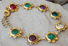Colorful Crystal Bracelet. Rebeka Flower Link Kitten Bracelet .red Green Maid Gold Bracelet. Multicolor Bridesmaid Bracelet Jewelry Gift