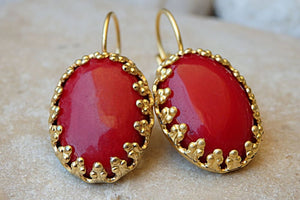Coral Drop Earrings. Red Earrings. Vintage Style Earrings . Bridesmaid Jewelry Gift. Natural Gemstone Jewelry. Gold Red Coral Earrings