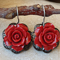 Coral Earrings. Vintage Red Earrings. Antique Earrings. Rose Romantic Earrings. Red Flower Earrings. Blooming Drop Earrings. Rose Earrings