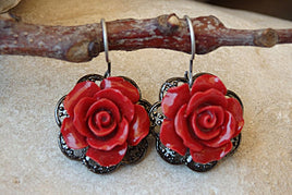 Coral Earrings. Vintage Red Earrings. Antique Earrings. Rose Romantic Earrings. Red Flower Earrings. Blooming Drop Earrings. Rose Earrings
