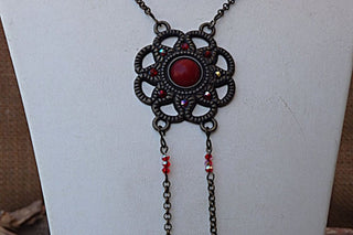 Coral Flower Necklace. Red Pendant. Rebeka Beads Necklace. Brass Fringes Necklace. Antique & Vintage Style Red Coral Flower Bib Necklace