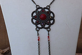 Coral Flower Necklace. Red Pendant. Rebeka Beads Necklace. Brass Fringes Necklace. Antique & Vintage Style Red Coral Flower Bib Necklace