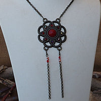 Coral Flower Necklace. Red Pendant. Rebeka Beads Necklace. Brass Fringes Necklace. Antique & Vintage Style Red Coral Flower Bib Necklace