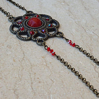Coral Flower Necklace. Red Pendant. Rebeka Beads Necklace. Brass Fringes Necklace. Antique & Vintage Style Red Coral Flower Bib Necklace