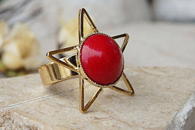 Coral Ring. Red Gemstone Ring. Gypsy Ring. Gold Gemstone Ring. Natural Coral Jewelry. Organic Ring. Rings For Her.all Sizes Ring. Stars Ring