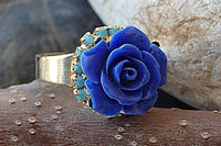 Coral Rose Flower Ring. Cobalt Blue Ring