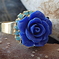 Coral Rose Flower Ring. Cobalt Blue Ring