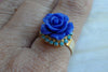 Coral Rose Flower Ring. Cobalt Blue Ring
