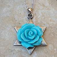 Coral Star Of David Necklace Jewish Jewelry. Magen David Pendant. Blue Flower Turquoise Necklace. Silver Necklace.bat Mitzvah Necklace Gift