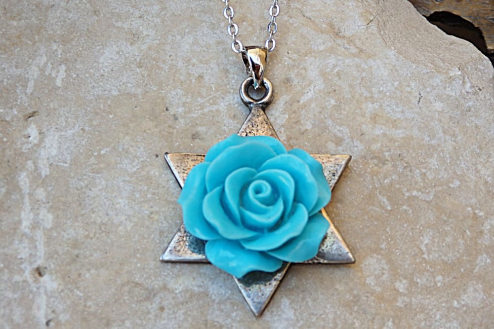 Coral Star Of David Necklace Jewish Jewelry. Magen David Pendant. Blue Flower Turquoise Necklace. Silver Necklace.bat Mitzvah Necklace Gift