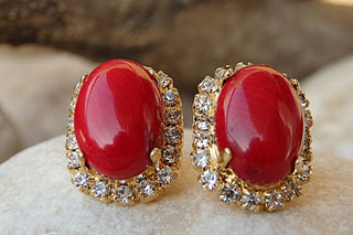 Coral Stud Earrings. Red Coral Post Earrings. Oval Earrings For Bridal . Bridesmaid Jewelry Gift. Natural Gemstone Earrings For Her Wife