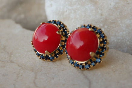 Coral Stud Earrings. Red Coral Post Earrings. Round Earrings For Women Red Coral With Deep Blue Rebeka Earrings. Rounded Coral Earrings