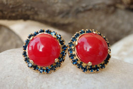 Coral Stud Earrings. Red Coral Post Earrings. Round Earrings For Women Red Coral With Deep Blue Rebeka Earrings. Rounded Coral Earrings