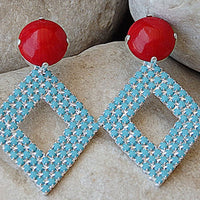 Coral Turquoise Earrings. Red Coral And Turquoise Rebeka Crystal Earrings. Silver Geometric Earrings. Turquoise Rhombus Stud Earrings