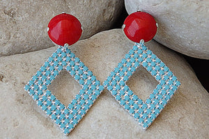 Coral Turquoise Earrings. Red Coral And Turquoise Rebeka Crystal Earrings. Silver Geometric Earrings. Turquoise Rhombus Stud Earrings