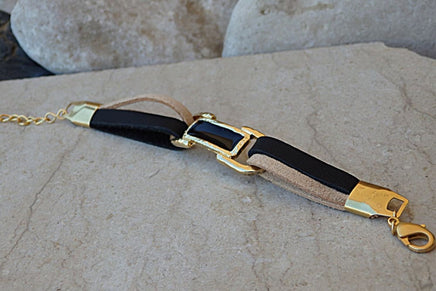 Cream And Black Leather Bracelet. Leather Bracelet With Gold Bar. Enamel Bar Bracelet. Gold Plated Leather Bracelet. Black & Cream Bracelet