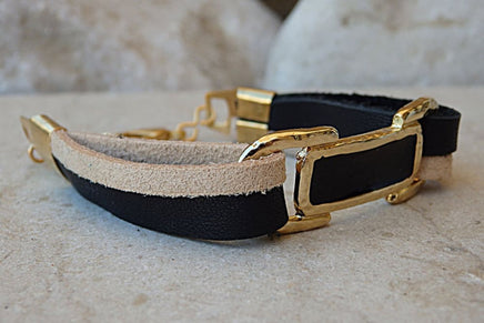 Cream And Black Leather Bracelet. Leather Bracelet With Gold Bar. Enamel Bar Bracelet. Gold Plated Leather Bracelet. Black & Cream Bracelet