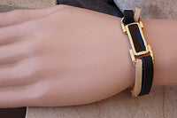 Cream And Black Leather Bracelet. Leather Bracelet With Gold Bar. Enamel Bar Bracelet. Gold Plated Leather Bracelet. Black & Cream Bracelet