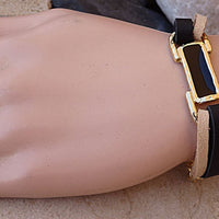 Cream And Black Leather Bracelet. Leather Bracelet With Gold Bar. Enamel Bar Bracelet. Gold Plated Leather Bracelet. Black & Cream Bracelet