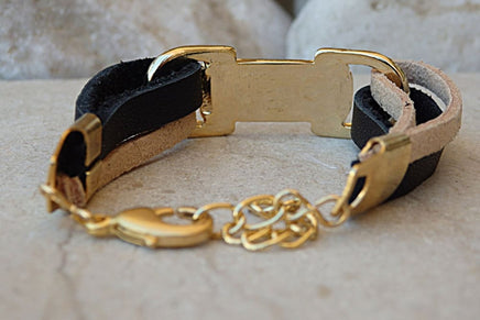 Cream And Black Leather Bracelet. Leather Bracelet With Gold Bar. Enamel Bar Bracelet. Gold Plated Leather Bracelet. Black & Cream Bracelet