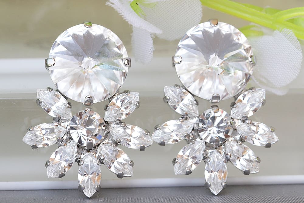 Crystal cluster bridal earrings Wedding earrings Rhinestone online stud earrings Bridesmaid gift Wedding jewelry for brides Asymmetrical earrings