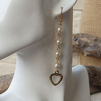 Double Heart Pearl Earrings. Ivory Pearl Earrings For Bridal. Wedding White Pearl Long Love Earrings. Heart Shaped Pearl And Gold Earrings.