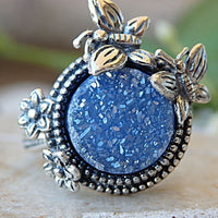Druzy Agate Ring. Blue Stone Ring. Gypsy Ring. Sterling Silver Jewelry. Flower Butterfly Ring.bohemian Ring